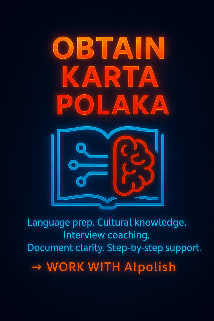 Neon-style graphic with text 'Obtain Karta Polaka' and digital brain and book icons